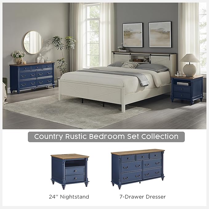 T4TREAM Farmhouse 7 Drawers Dresser Chests for Bedroom with 4 Solid Wood Feet, Tall Wide Wood Country Rustic Chest of Drawers, Storage Dressers for Bedroom, Living Room, Rustic Oak Antique Blue
