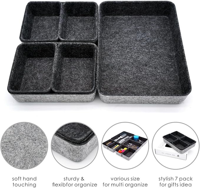 7pc Shallow Felt Desk Drawer Organizers Trays Charcoal Storage Bins - Image 3
