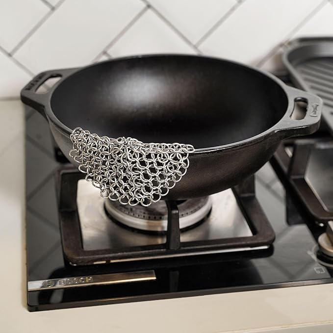 Mythrojan Cast Iron Cleaner, 7 Inches Stainless Steel Round Chainmail Scrubber For Cast Iron Pan Skillet, Wok, Pot, Pan; Pre-Seasoned Pan Dutch Ovens Waffle Iron Pans Scraper Cast