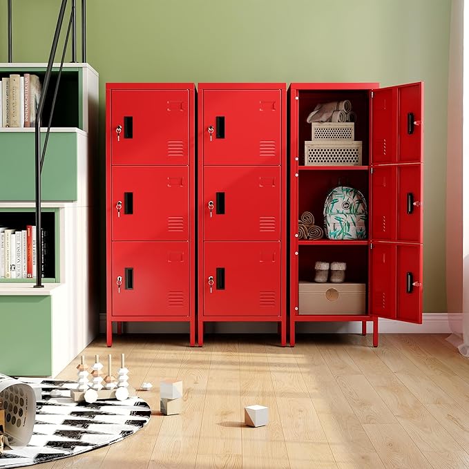 METAN Metal Storage Employees Locker with 3 Lockable Doors,47''H*16''W*16''D Locking Storage Cabinets for Small Spaces,Home,School,Gym,Assembly Required,Red