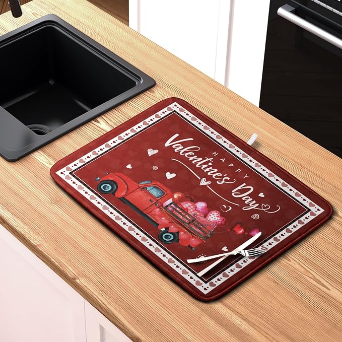 Valentine Red Truck Love Heart Dish Drying Mat 16x18 Inch Happy Valentine's Day - Image 6