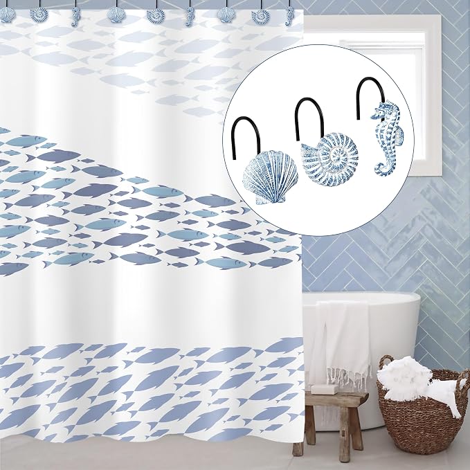 Sunlit Seashells Decorative Shower Curtain Hooks, Sky Blue Ocean Creatures - Image 5