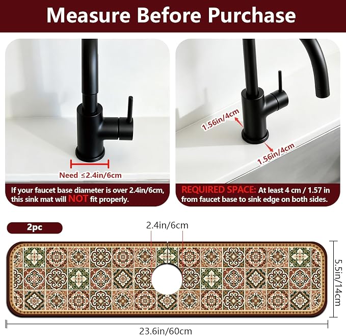 2 Pcs Kitchen Sink Splash Guard Faucet Mat Brown Vintage Pattern Faucet Mat - Image 2