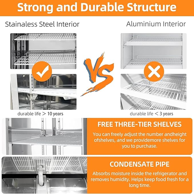 54" W Commercial Refrigerator with 2 door Stainless Steel 49 Cu. Ft Reach-in Refrigerator 6 Adjustable shelves Fan Cooling Fridge for Restaurant, Commercial Kitchen, Shop, ETL Certification