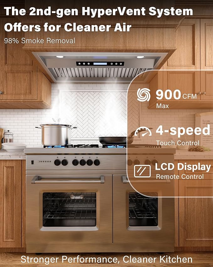 30 inch Stainless Steel Insert Range Hood - 900 CFM, Ultra-Quiet 4-Speed Vent, Touch/Remote Control, LED Lights, Ducted/Ductless Convertible