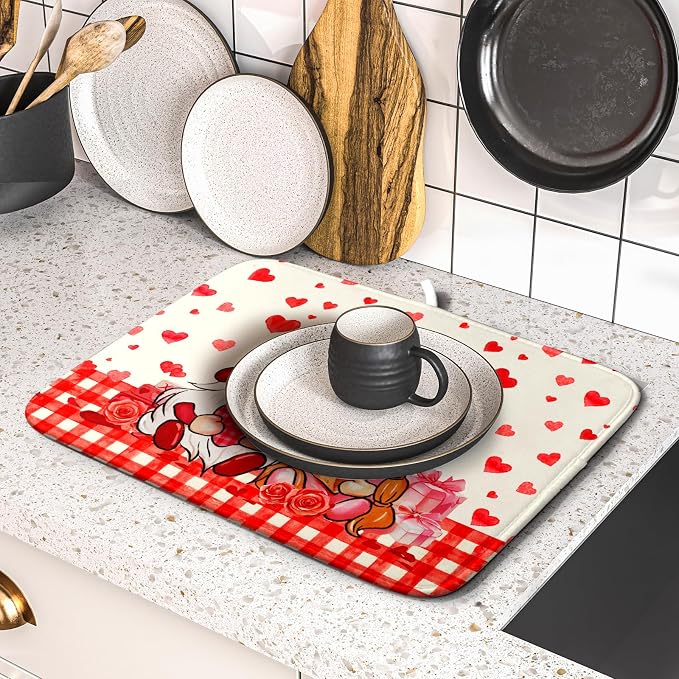 Love Gnome Dish Drying Mat 16"x18" Red Heart Microfiber Dish Drainer Rack Mat - Image 5
