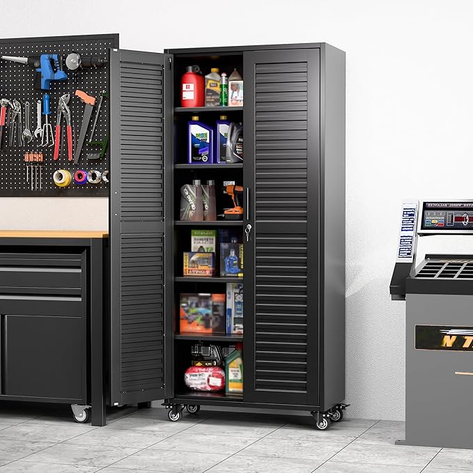 Aobabo Garage Storage Cabinet with Wheels,Lockable Metal Storage Cabinet with 5 Adjustable Shelves for Garage Home,Required Assembly,Black