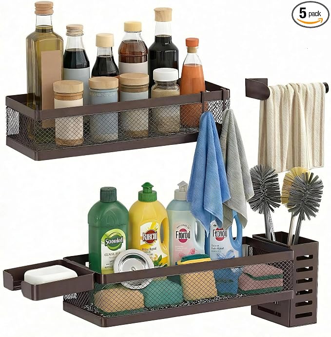PUSDON 5-in-1 Wide Wall Mount Wrapped Mesh Kitchen Organizer & Shower Caddy Kit by PUSDON