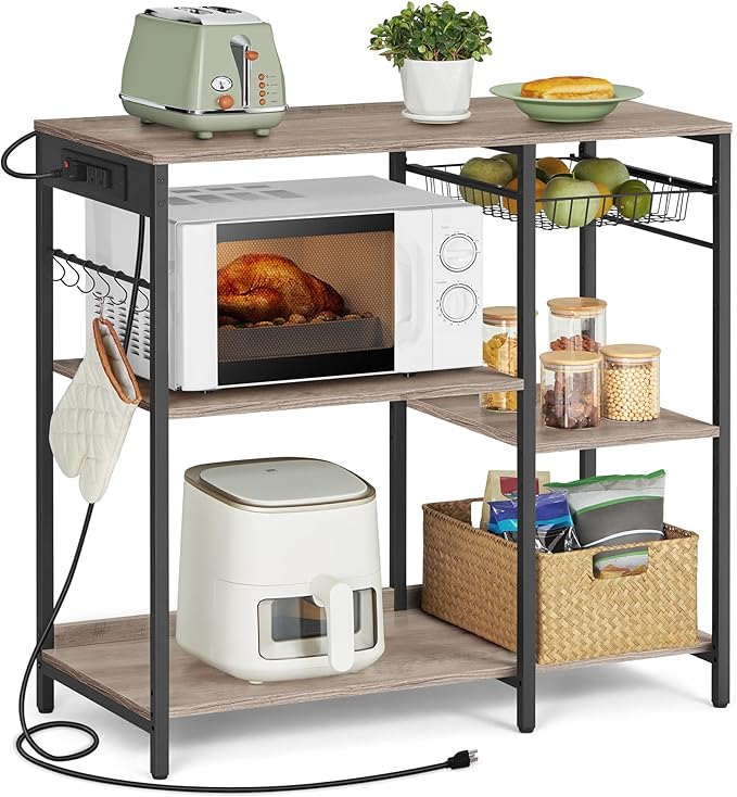 VASAGLE Baker's Rack, Coffee Bar Stand with Charging Station, 35.6 Inches Tall, Storage Shelves, Pull-Out Wire Basket, Table for Microwave, Kitchen, Heather Greige and Ink Black UKKS036K02