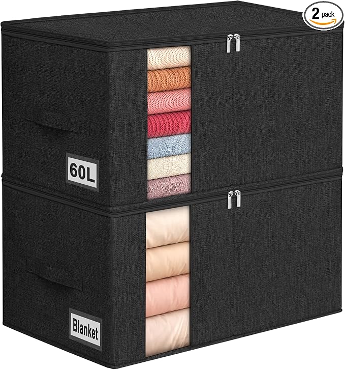 60L Rigid-Sided Blanket Storage Bags, 2 Pack, Stackable Design, by Boailydi