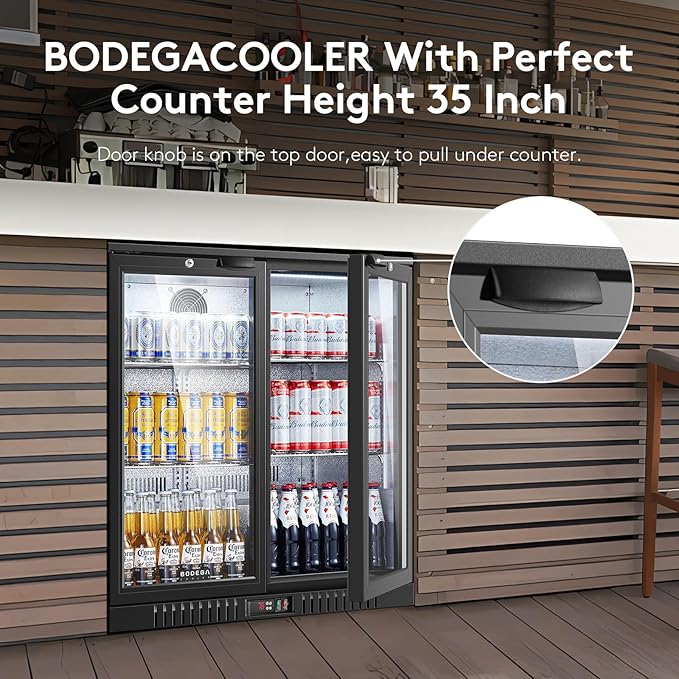 BODEGACOOLER Back Bar Cooler with 2 Doors Under Counter ,7.4cu.ft Glass Door Bar Refrigerator with LED Lighting,Black Bar Cooler,Built-In or Under Counter Freestanding Hold 68 bottles or 220 cans