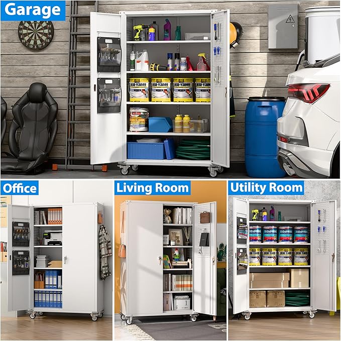 Aobabo Upgraded Wide & Deep Garage Storage Cabinet with Wheels, Metal Storage Cabinet with Door Pegboards and 2 Rod for Garage Home Storage (White, 43.3''W x 21.9''D x 72''H),Required Assembly
