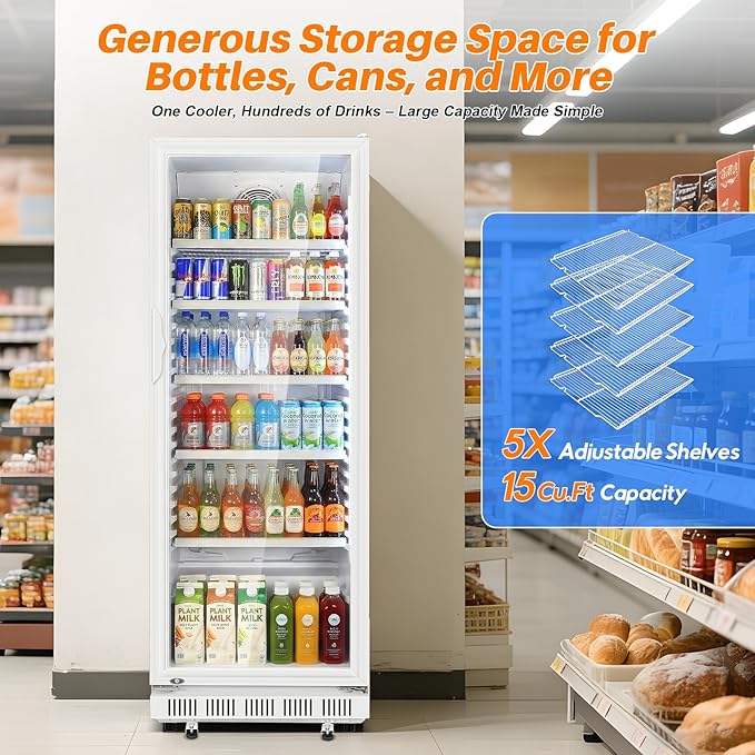 Commercial Beverage Refrigerator, 24.5" Glass Door Display Fridge, 15 Cu.Ft Beverage Cooler with 5 Adjustable Shelves, Auto Rebound Door, Low Noise, for Shops, Restaurants & Bars WHITE