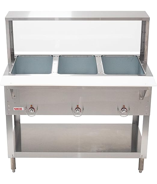 Kratos Commercial Electric Steam Table/Hot Food Table with Overshelf and Sneeze Guard, 3 Wells, Stainless Steel, Stationary, NSF, 120V (28W-192)