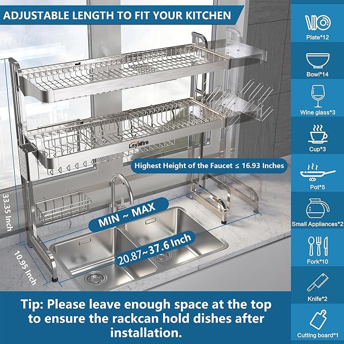 Over Sink Dish Drying Rack, 3 Tier Adjustable Length (20.87'' to 37.6'') Full Stainless Steel Large Storage Kitchen Dish Rack, Expandable Drainer Shelf Rack with Multifunctional Organizers