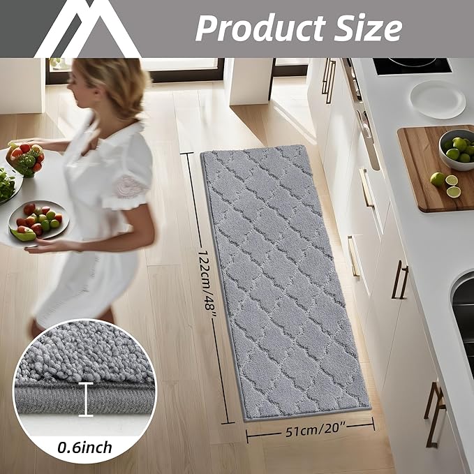 COSY HOMEER Kitchen Rugs 20"x48" Non-Slip Absorbent Soft Kitchen Runner Rug Polyester Kitchen Mats for Floor Washable Kitchens Standing Floor Mat for Sink Mat,Hallway,Laundry,Grey