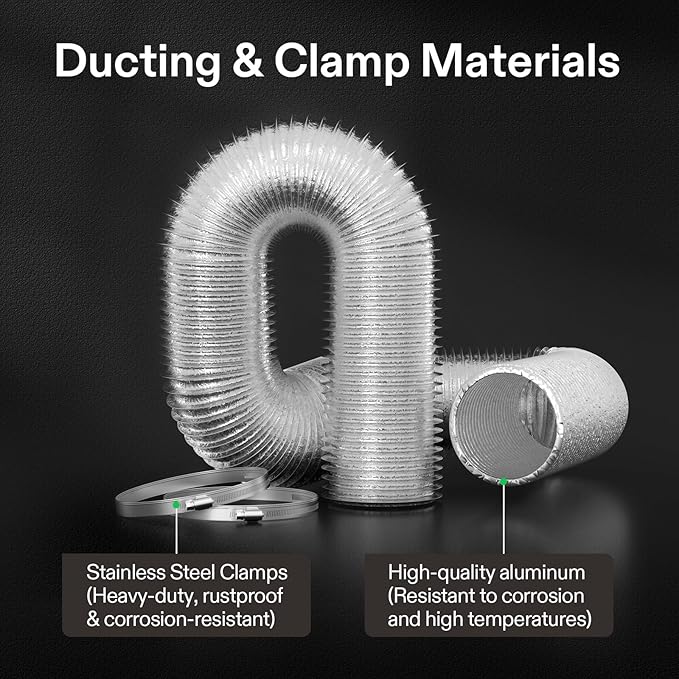 VIVOSUN 4 Inch Flexible Aluminum Ducting, 25 Feet Long Flex Air Duct with 2 Clamps, Heavy-Duty Multi-Layer Dryer Hose Vent Kit for Heating Cooling Ventilation and Exhaust