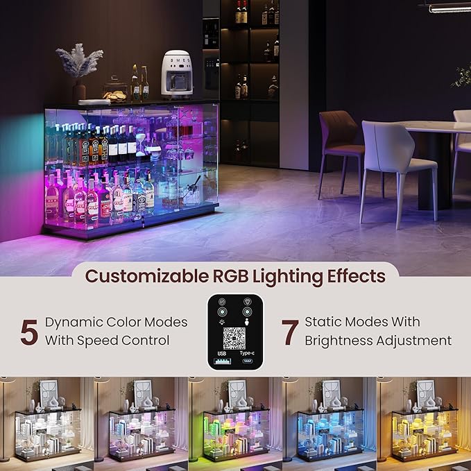 Lvifur RGB Glass Display Cabinet - with Lock, High Gloss Sideboard with Human Body Sensor & Glass Shelves for Toys, Books, Collectibles, Liquor, Bookcase for Living Room, Kitchen, Study, Black