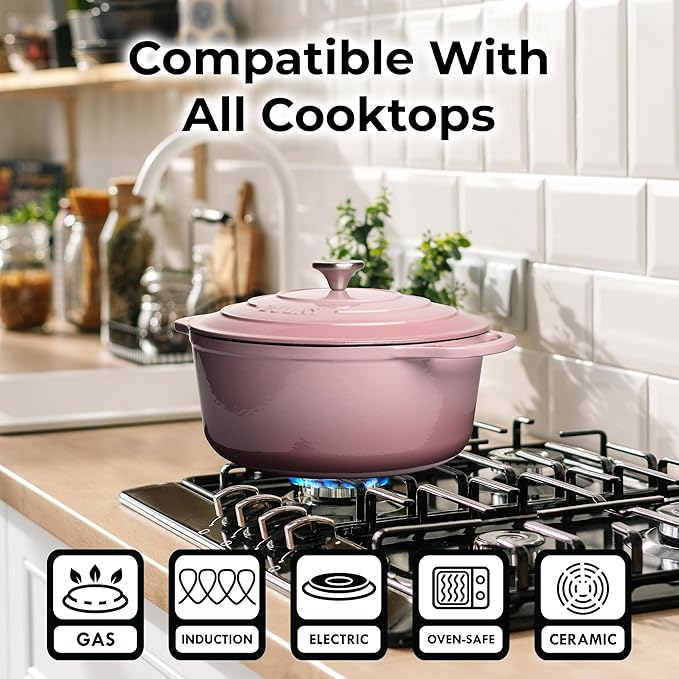 Zulay Kitchen 6 Quart Enameled Cast Iron Dutch Oven Pot with Lid – Premium Durability & Oven Safe up to 500°F – Heavy Duty Cookware Perfect for Bread Baking, Stews, Braising & Roasting – Pink