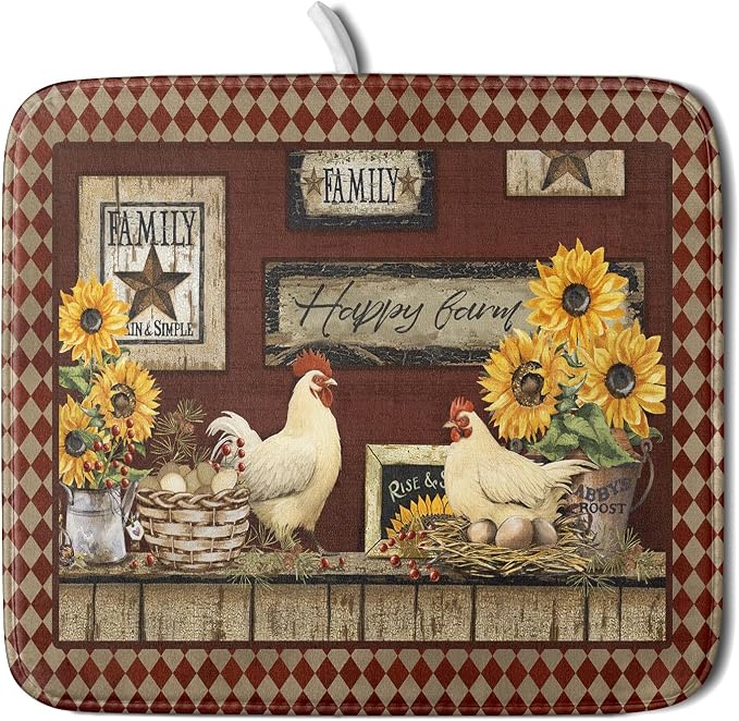 Vintage Rooster Dish Drying Mat 16x18 Inch Farmhouse Chicken Dish Drainer Pad by Giwawa