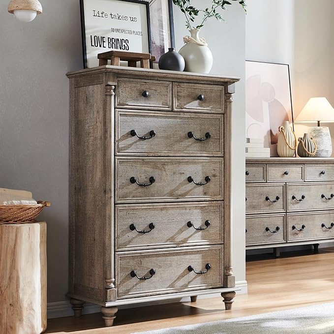 T4TREAM Farmhouse 6 Drawers Dresser Chests for Bedroom w/4 Solid Wood Feet & Column Decor, Tall Wood Country Rustic Chest of Drawers, Storage Dressers for Bedroom, Living Room, Light Rustic Oak