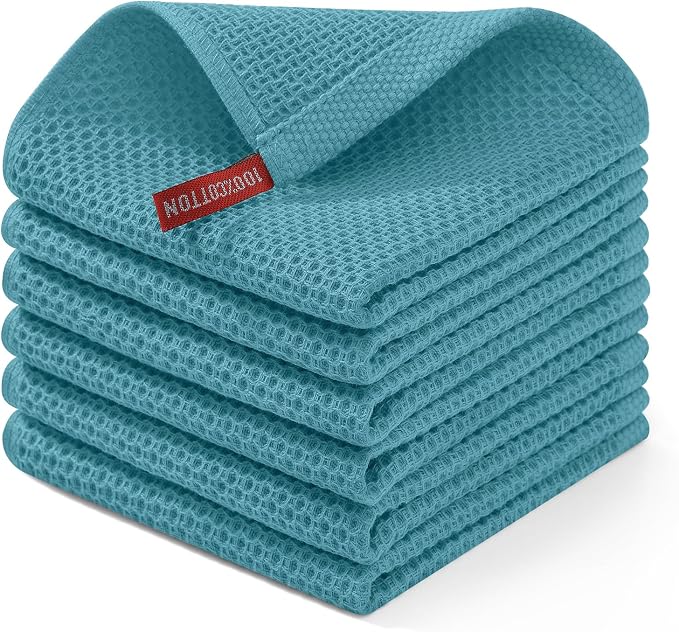 Homaxy 100% Cotton Waffle Weave Kitchen Dish Cloths 6-Pack, Lake Blue | 12 x 12 by Homaxy