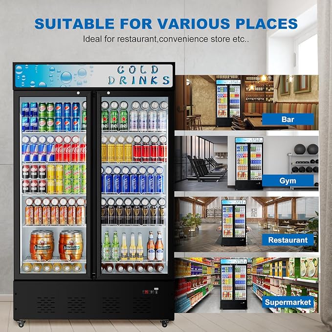 Commercial Beverage Refrigerator, 40 Cu.ft.Display Fridge Glass Door Upright Display Door with Adjustable Shelves LED Light for Restaurant,Grocery Stores,Office