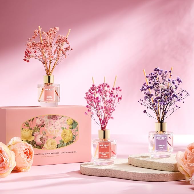 Reed Diffuser Set of 3, Lavender Thyme Sandalwood Rose Cherry Blossom Oil Reed - Image 5