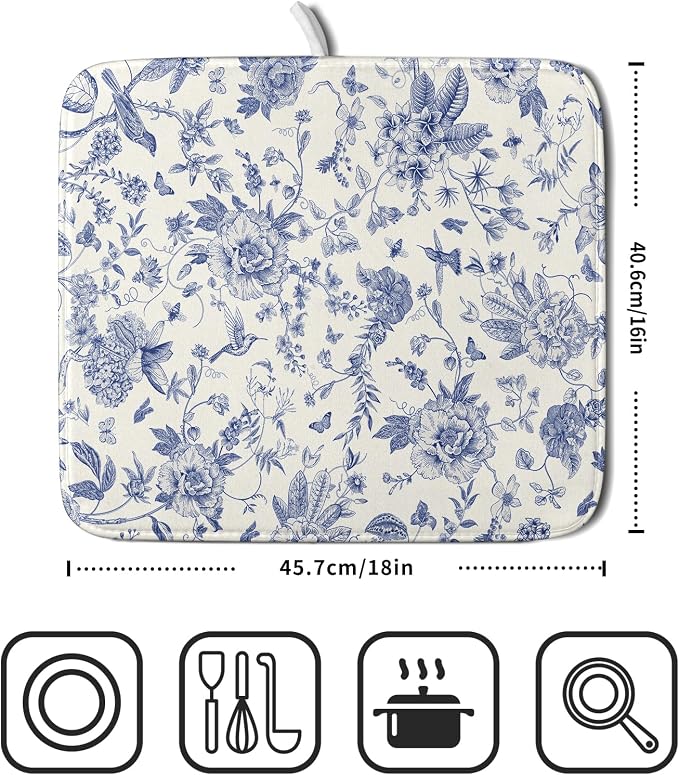 Giwawa Chinoiserie Flower Dish Drying Mat Blue Leaves Dishes Drying Pad - Image 2