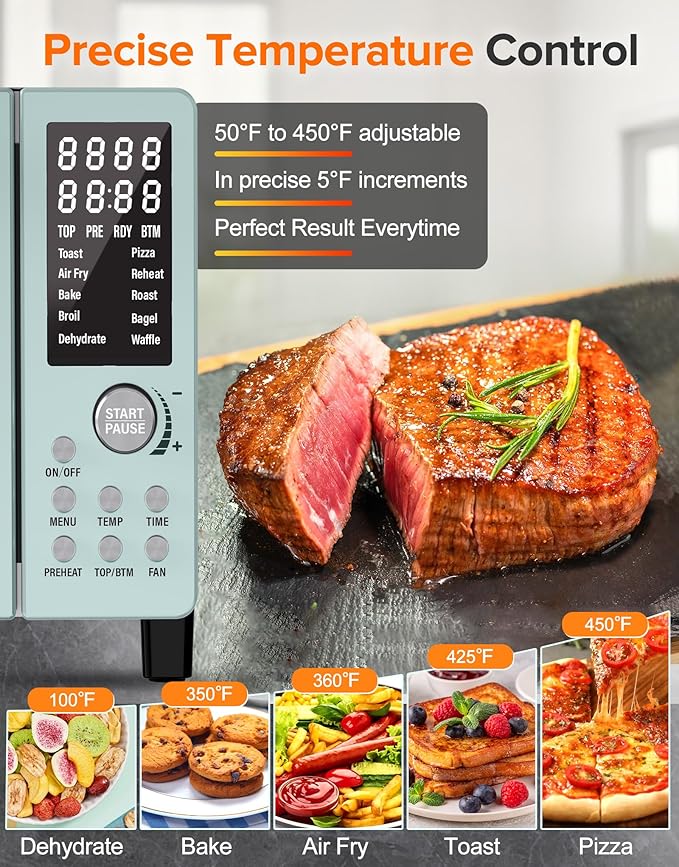 Nuwave Bravo Pro Smart Air Fryer Toaster Oven Combo, Airfryer Convection Oven Countertop, 10-in-1 Functions with Quicker & Even Crisp Technology, 1800W, 50-450°F, PFAS-Free, 21QT, Mint