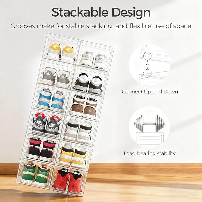 Pinkpum Upgraded Hard Shoe Storage Box 12 Pack XL Clear Shoe Organizer - Image 6