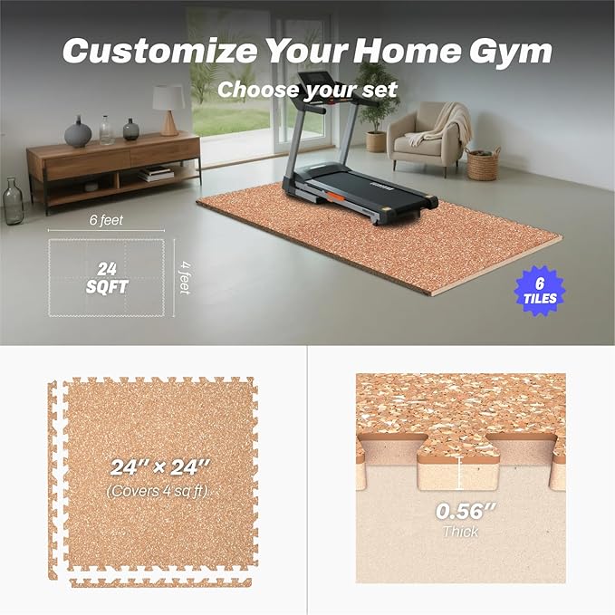 AIRHOP 0.56in Thick 24 Sq Ft Exercise Equipment Mats, 6 Tiles Upgraded Rubber Top with High Density EVA Foam, Large Interlocking Puzzle Gym Flooring for Home Gym, Heavy Weight Workout, 24 x 24in
