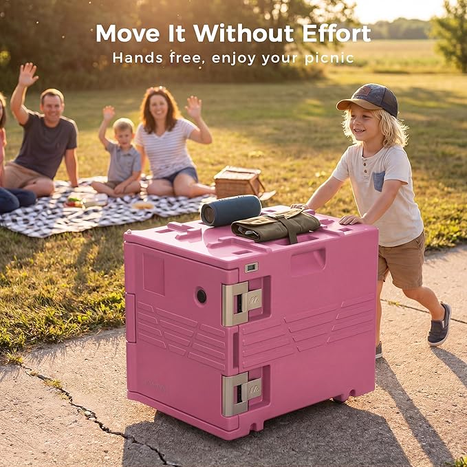 Pink 82QT Non-Electric Hot Box Food Warmer with Wheels, 304 Stainless Steel Latch, Insulated Food Carrier for 5 Full-Size Pans(NOT Included), Food Warmer Box Hot Boxes for Catering