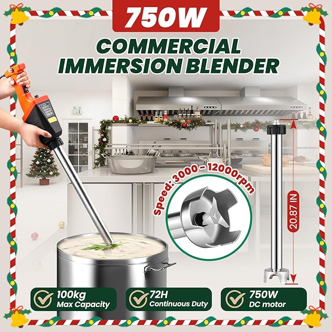 750W Commercial Immersion Blender Brushless DC Motor Hand Held Blenders Heavy Duty Variable Speed Mixer with 21 Inch Removable Shaft 50-Gallon Capacity Multifunction Pro