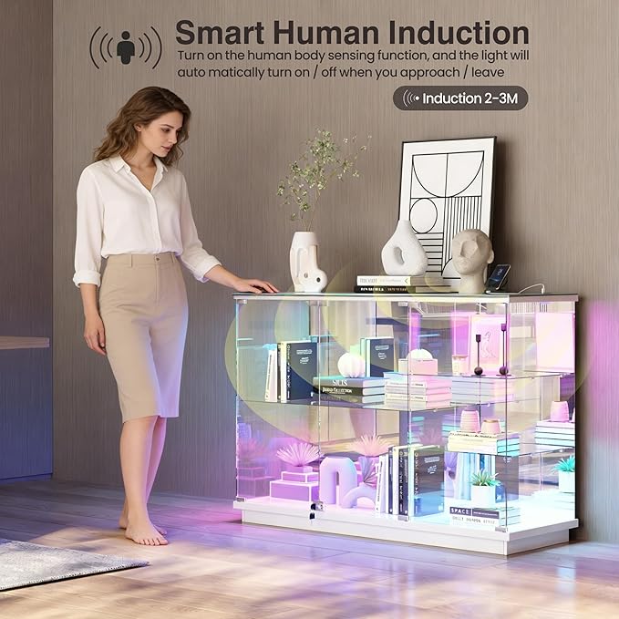 Lvifur RGB Glass Display Cabinet - with Lock, High Gloss Sideboard with Human Body Sensor & Glass Shelves for Toys, Books, Collectibles, Liquor, Bookcase for Living Room, Kitchen, Study, White