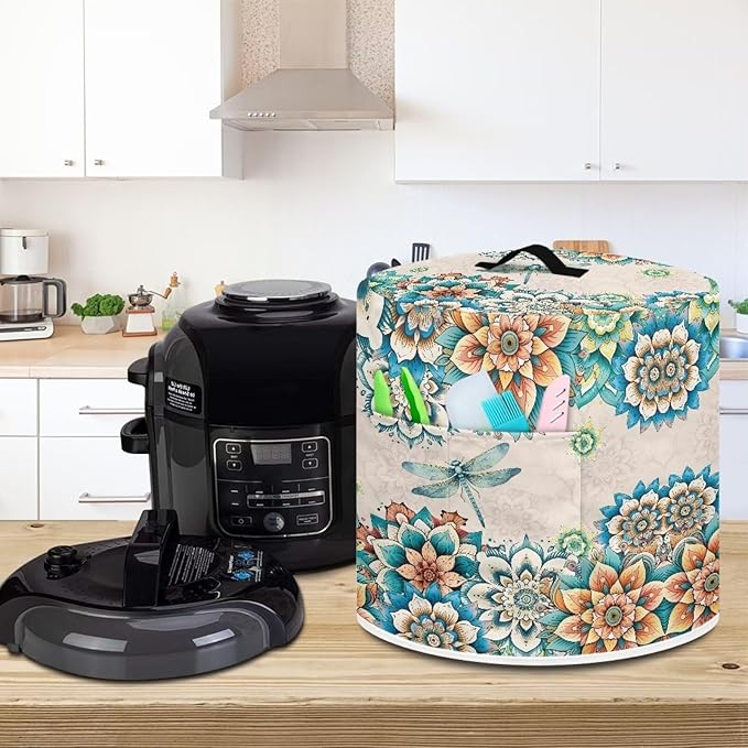 Xoenoiee Boho Mandala Floral Dragonfly Print Kitchen Appliance Dust Cover with Pockets, Electric Pressure Cooker Cover Compatible with Rice Cooker Cover Air Fryer Cover, for 8 Qt Pot