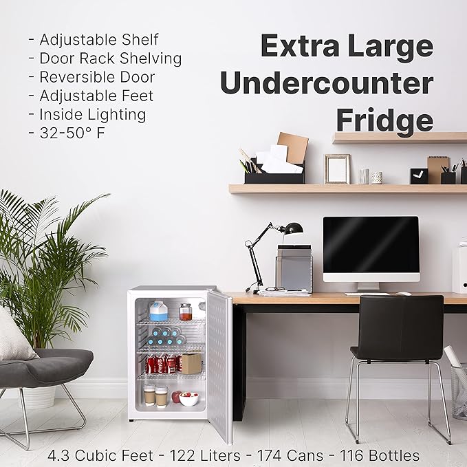Premium Undercounter/Freestanding Beverage Cooler & Mini Fridge 4.3 Cu.ft./122L with Reversible Solid Doors, Compact Refrigerator for Home, Restaurants, Commercial