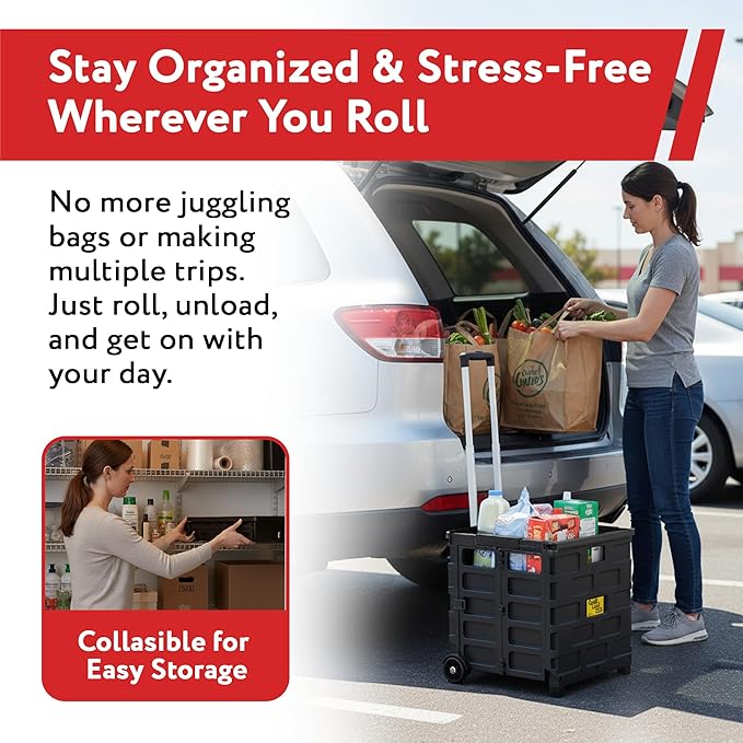 dbest products Quik Cart Pro Wheeled Rolling Crate Teacher Utility with seat Heavy Duty Collapsible Basket with Handle, Aluminum, Black