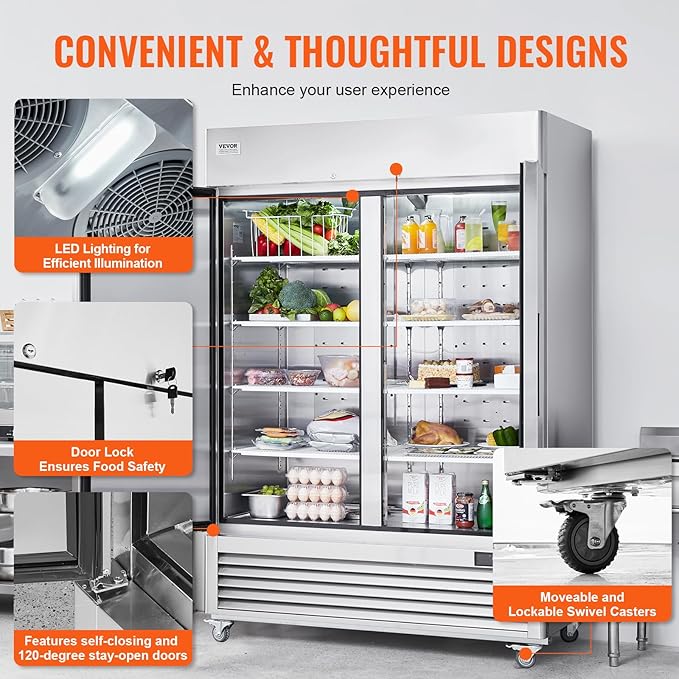 VEVOR Commercial Refrigerator 44.21 Cu.ft, Reach In 54.4" W Upright Refrigerator 2 Doors, Auto-Defrost Stainless Steel Reach-in Refrigerator with 8 Shelves, 33 to 41℉ Temp Control, LED Light, 4 Wheels