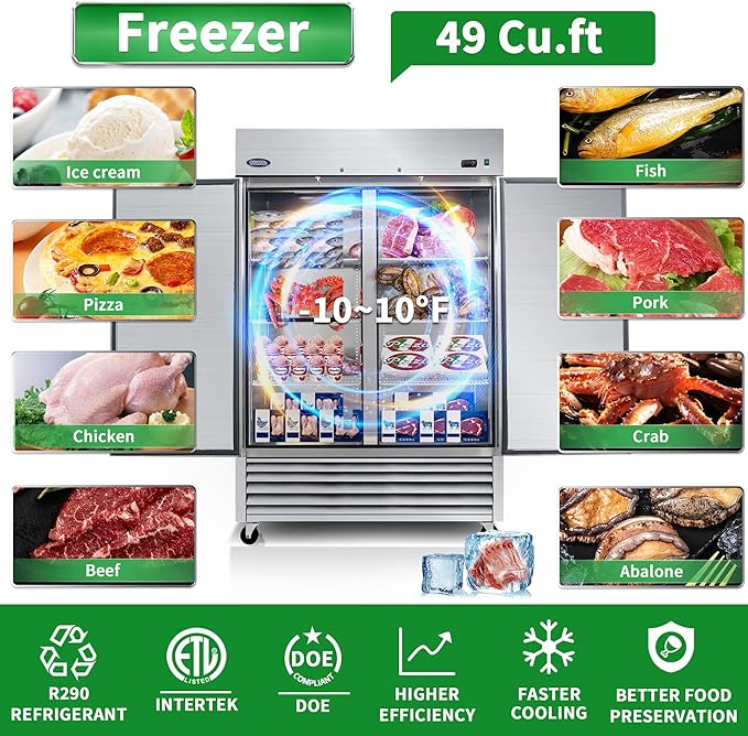 54"W Commercial Refrigerator Freezer,49 Cu.ft Commercial Refrigerator with 2 Door Reach-In Freezers Stainless Steel,ETL Upright Freeze Storage w/ 6 Adjustable Shelves,LED Light,for Restaurant,Silver
