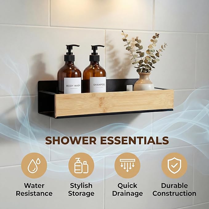 Bathroom Shelves,Wall Mounted Floating Shelf,Over Toilet Storage Shelf,Metal Bamboo Wall Shelves,Home Storage Organizer Essentials for Bathroom/Living Room/Kitchen/Bedroom(Black)