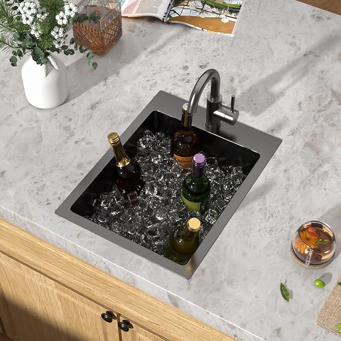 Black Bar Sink with Faucet - 15 Inch Drop In Bar Sink 16 Gauge Stainless Steel Topmount Gunmetal Black Single Bowl Small Prep Sinks with Accessories for Kitchen Bars, RV, Small Space #TLT-0032