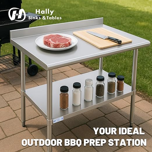 Hally Sinks & Tables HStainless Steel Table for Prep & Work 24 x 72 Inches, NSF Commercial Heavy Duty Table with Undershelf and Backsplash for Restaurant, Home and Hotel