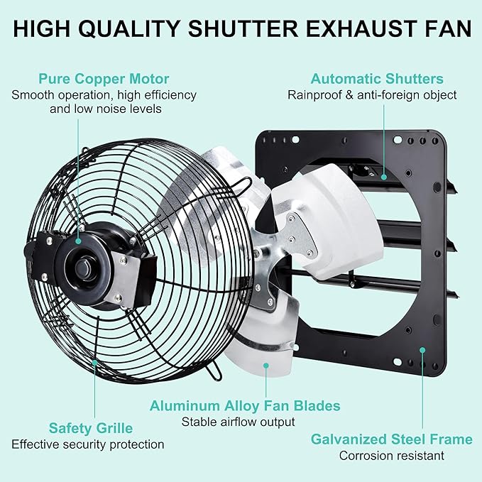 12 Inch Shutter Exhaust Fan for Greenhouse, Shed, Garage, Barn, Chicken Coop Ventilation, Wall Mount Attic Fan with Speed Controller and Power Cord, 970 CFM, Black