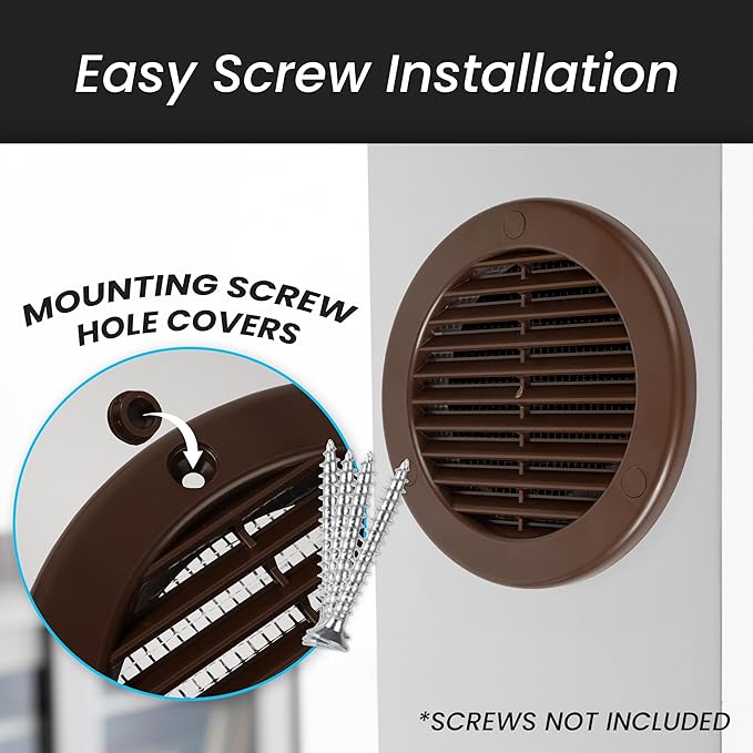 Repa Market 4 Inch (Opening) Brown Round Air Vent Cover - Pack of 5 Plastic Fresh Air Intake Vent - AC Cover with Nylon Mesh Screen - Wall, Ceiling HVAC Return Air Register - Modern Soffit Vents
