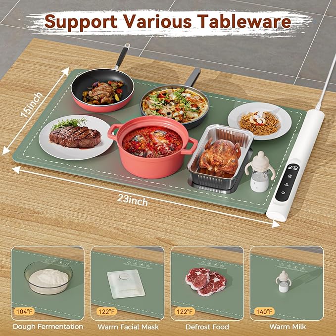 Graphene Warming Mat for Food - Fast Full Surface Heating Electric Warming Tray, Portable Food Warmer for Parties Buffet with 6 Temperature and Timer Settings, Gifts for Mom Wife, Green