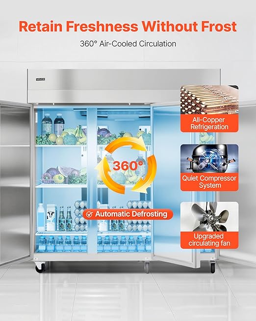 VEVOR Commercial Reach-In Refrigerator 72" W, 52 Cu.Ft Stainless Steel Upright Refrigerator with Three Doors, Auto-Defrost, 9 Adjustable Shelves, 32 to 50℉ Temp Control, UL Certified