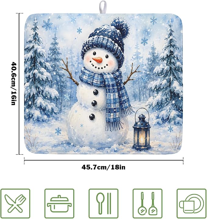 Kawani Winter Snowman Decorations Dish Drying Mat 16x18 Inch | Blue Snowman - Image 2