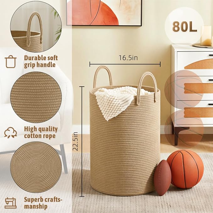 Artfeel Laundry Basket, Woven Cotton Rope Laundry Hamper, 80L - Image 6