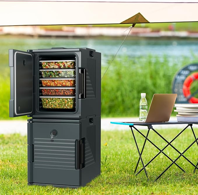 COSTWAY Insulated Food Pan Carrier, 95 Qt Hot Box Catering for 6 Full-Size Pan, Stackable Design, Fastener, Portable Front-Loading Food Warmer for Family Gathering, Buffets, Restaurant, Grey (2)